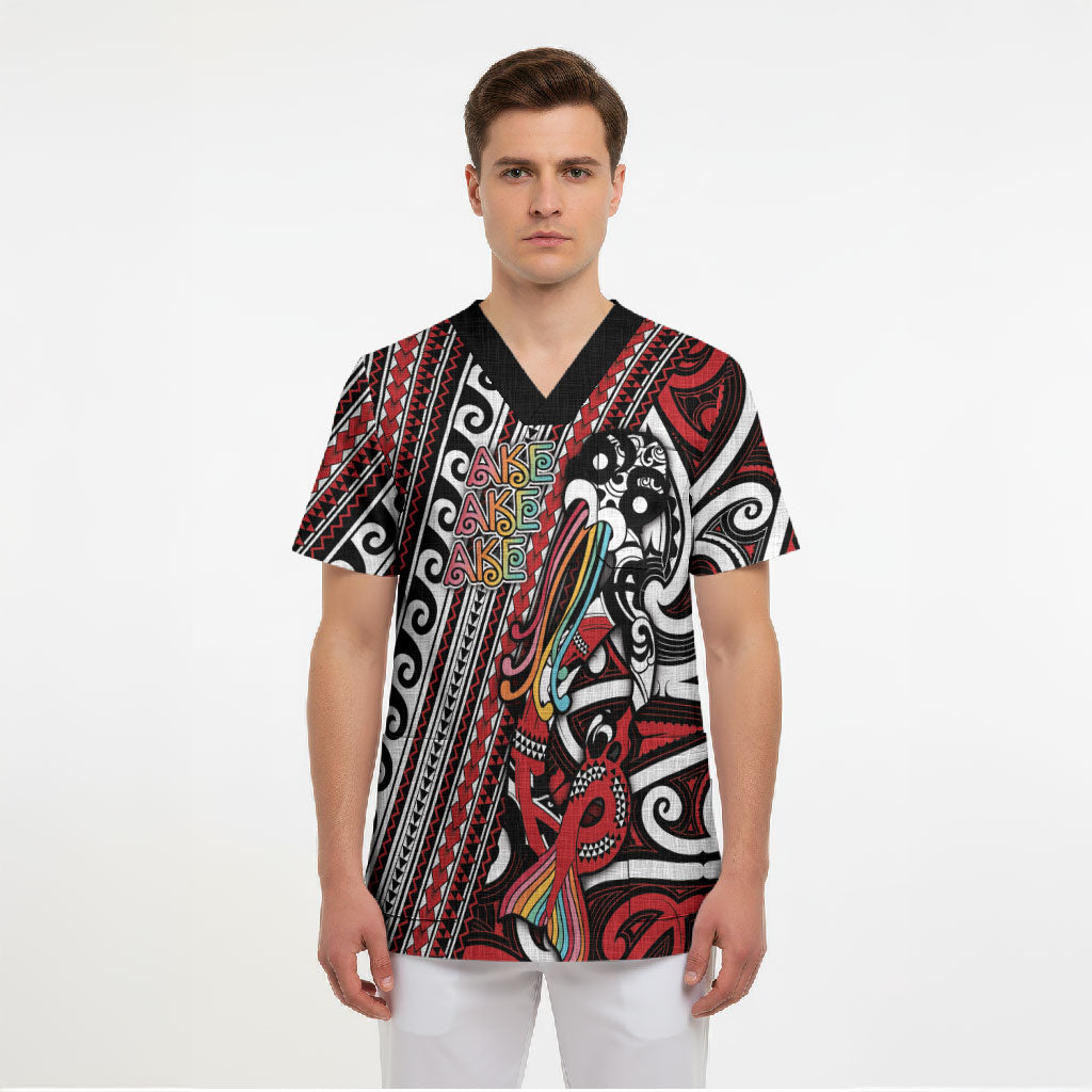 Personalised Maori Language Week Scrub Top Ake Ake Ake Tribal Patterns