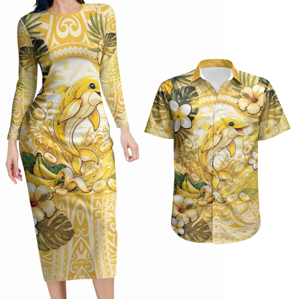 Hawaii Banana Dolphin Couples Matching Long Sleeve Bodycon Dress and Hawaiian Shirt Cute Cosplay Naiʻa Fish Tribal Patterns DT05 Yellow - Polynesian Pride