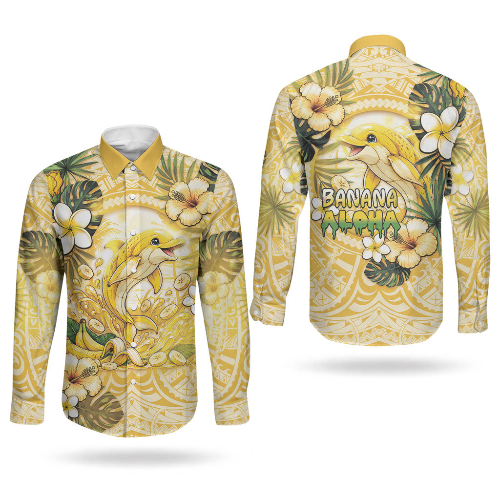 Hawaii Banana Dolphin Couples Matching Summer Maxi Dress and Long Sleeve Button Shirt Cute Cosplay Naiʻa Fish Tribal Patterns DT05 - Polynesian Pride