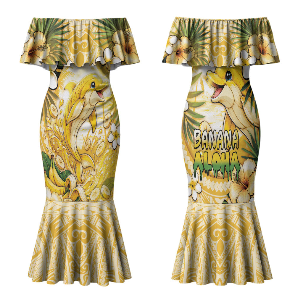 Hawaii Banana Dolphin Family Matching Mermaid Dress and Hawaiian Shirt Cute Cosplay Naiʻa Fish Tribal Patterns DT05 Mom's Dress Yellow - Polynesian Pride