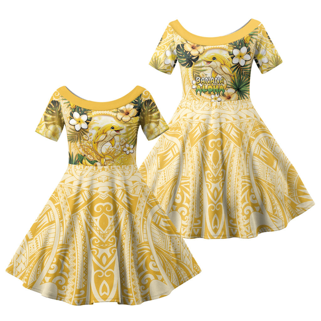 Hawaii Banana Dolphin Family Matching Mermaid Dress and Hawaiian Shirt Cute Cosplay Naiʻa Fish Tribal Patterns DT05 Daughter's Dress Yellow - Polynesian Pride