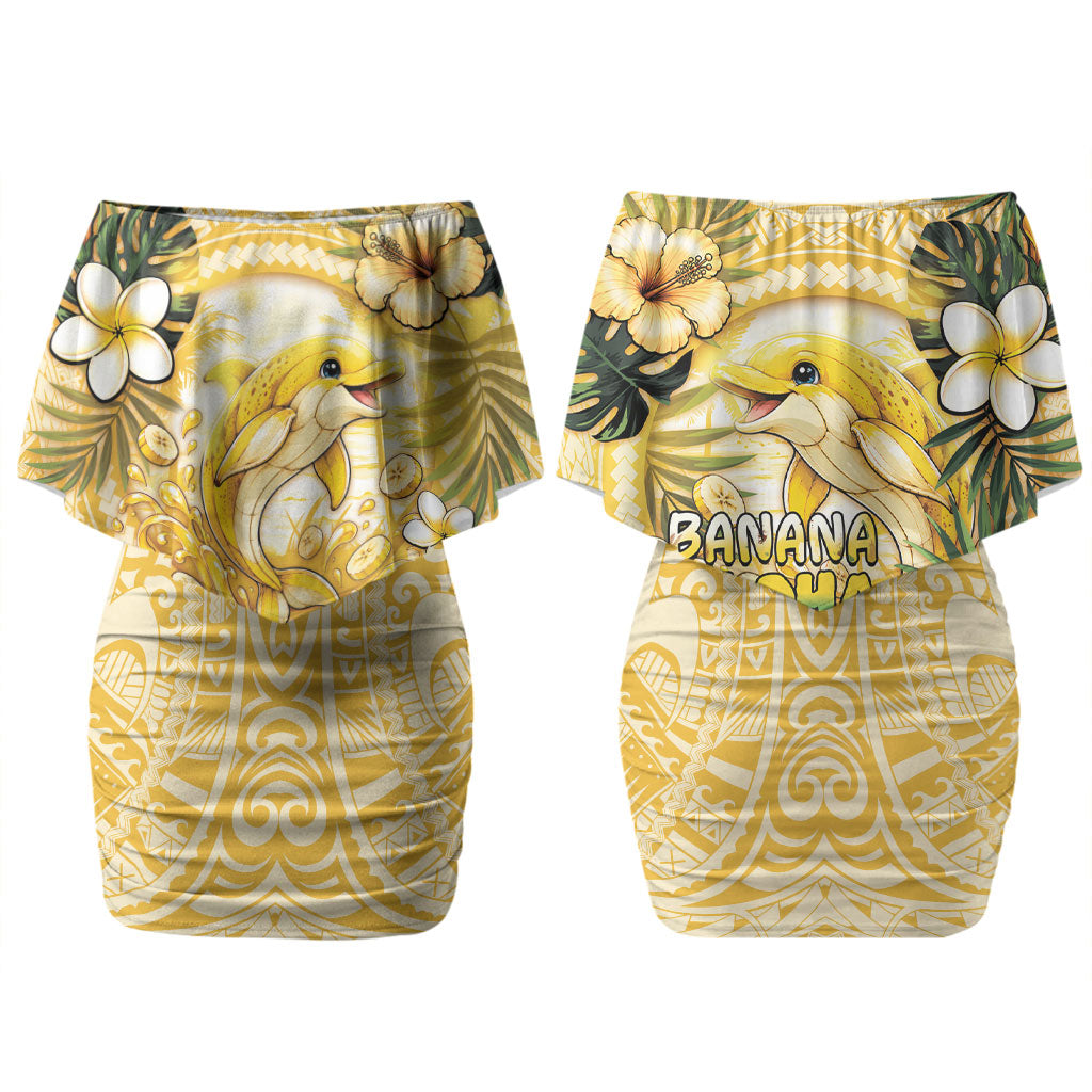 Hawaii Banana Dolphin Family Matching Off Shoulder Short Dress and Hawaiian Shirt Cute Cosplay Naiʻa Fish Tribal Patterns DT05 Mom's Dress Yellow - Polynesian Pride