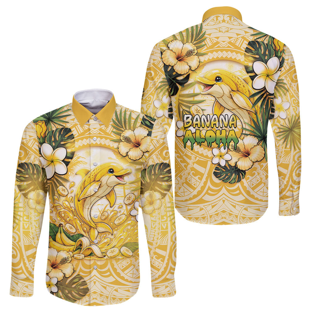 Hawaii Banana Dolphin Family Matching Off Shoulder Short Dress and Hawaiian Shirt Cute Cosplay Naiʻa Fish Tribal Patterns DT05 Dad's Shirt - Long Sleeve Yellow - Polynesian Pride