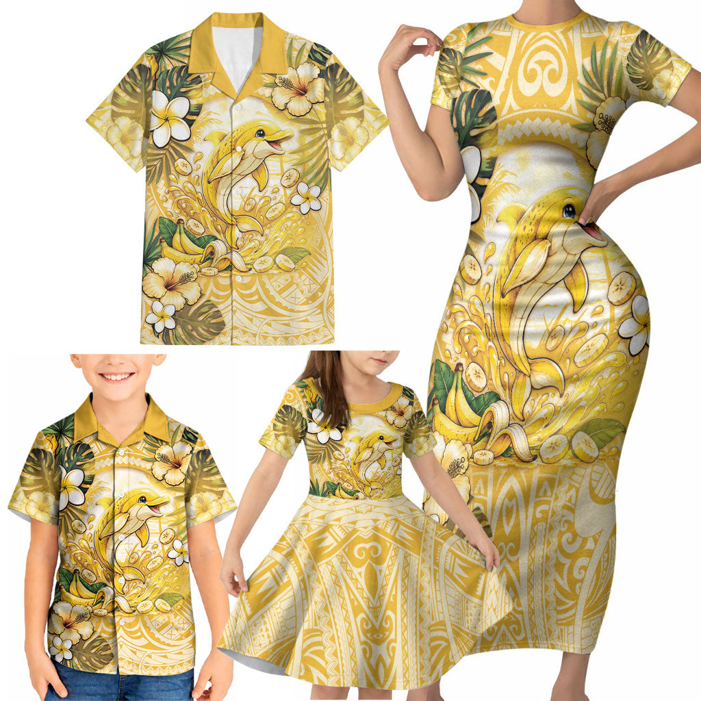Hawaii Banana Dolphin Family Matching Short Sleeve Bodycon Dress and Hawaiian Shirt Cute Cosplay Naiʻa Fish Tribal Patterns DT05 - Polynesian Pride