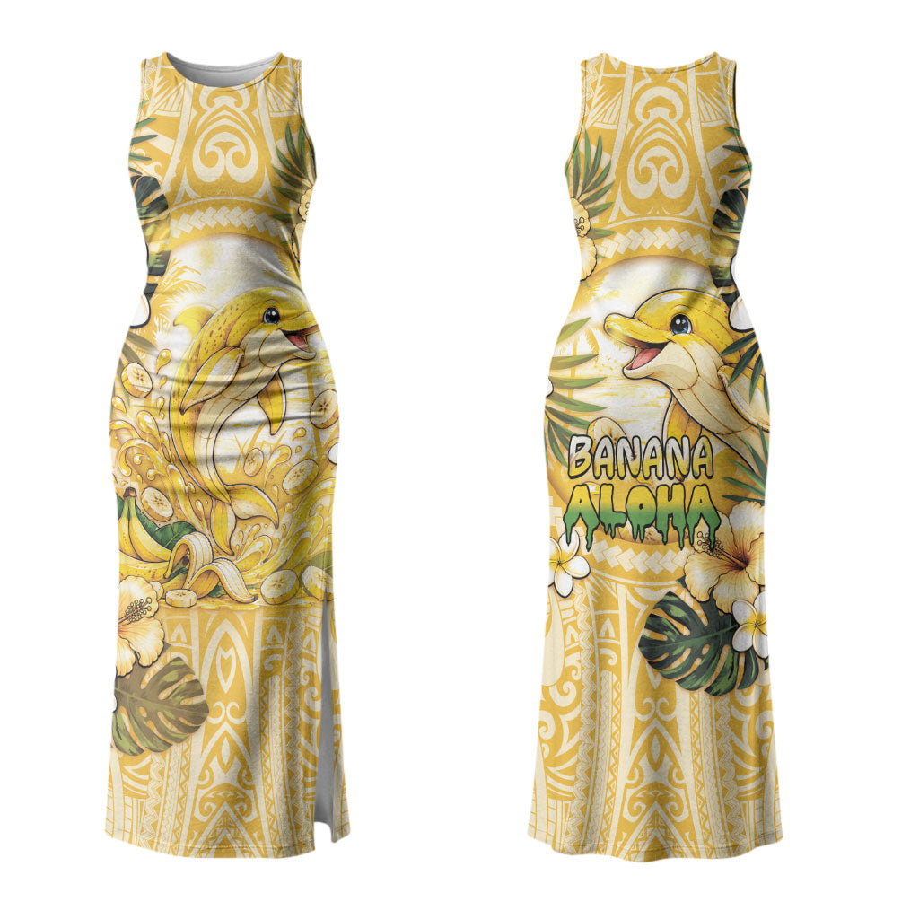 Hawaii Banana Dolphin Family Matching Tank Maxi Dress and Hawaiian Shirt Cute Cosplay Naiʻa Fish Tribal Patterns DT05 Mom's Dress Yellow - Polynesian Pride