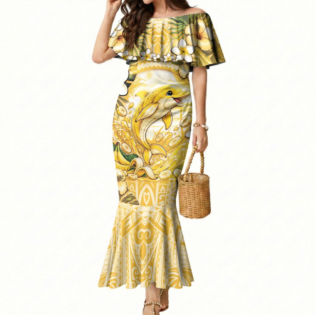 Hawaii Banana Dolphin Mermaid Dress Cute Cosplay Naiʻa Fish Tribal Patterns DT05 Women Yellow - Polynesian Pride