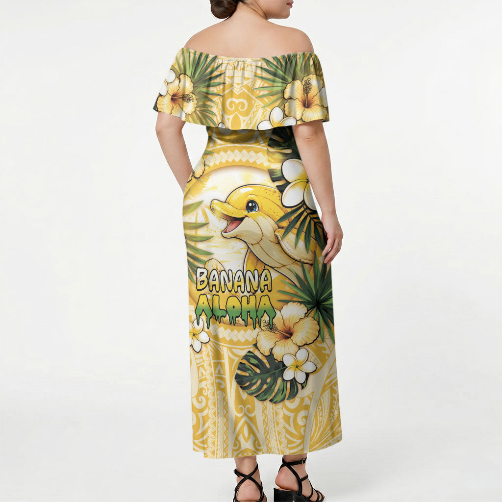 Hawaii Banana Dolphin Off Shoulder Maxi Dress Cute Cosplay Naiʻa Fish Tribal Patterns DT05 - Polynesian Pride