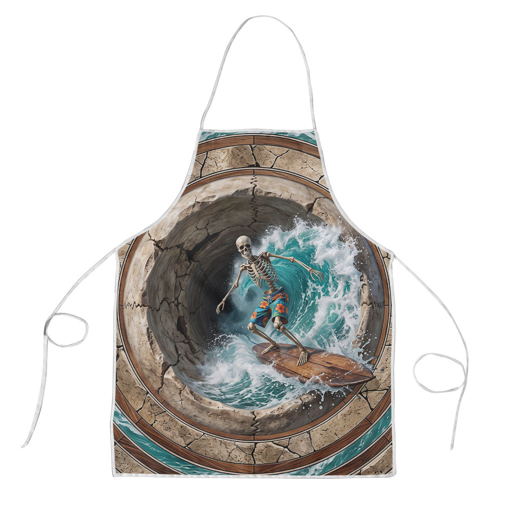 3D Illusion Surfing Skeleton Halloween Apron Surfboard Bones Ocean Wave Stone Well