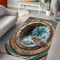 3D Illusion Surfing Skeleton Halloween Area Rug Surfboard Bones Ocean Wave Stone Well