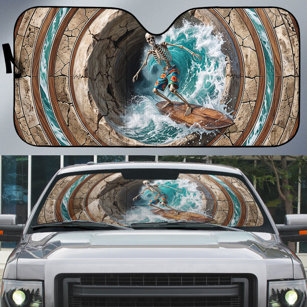 3D Illusion Surfing Skeleton Halloween Auto Sun Shade Surfboard Bones Ocean Wave Stone Well DT05 Gray - Polynesian Pride
