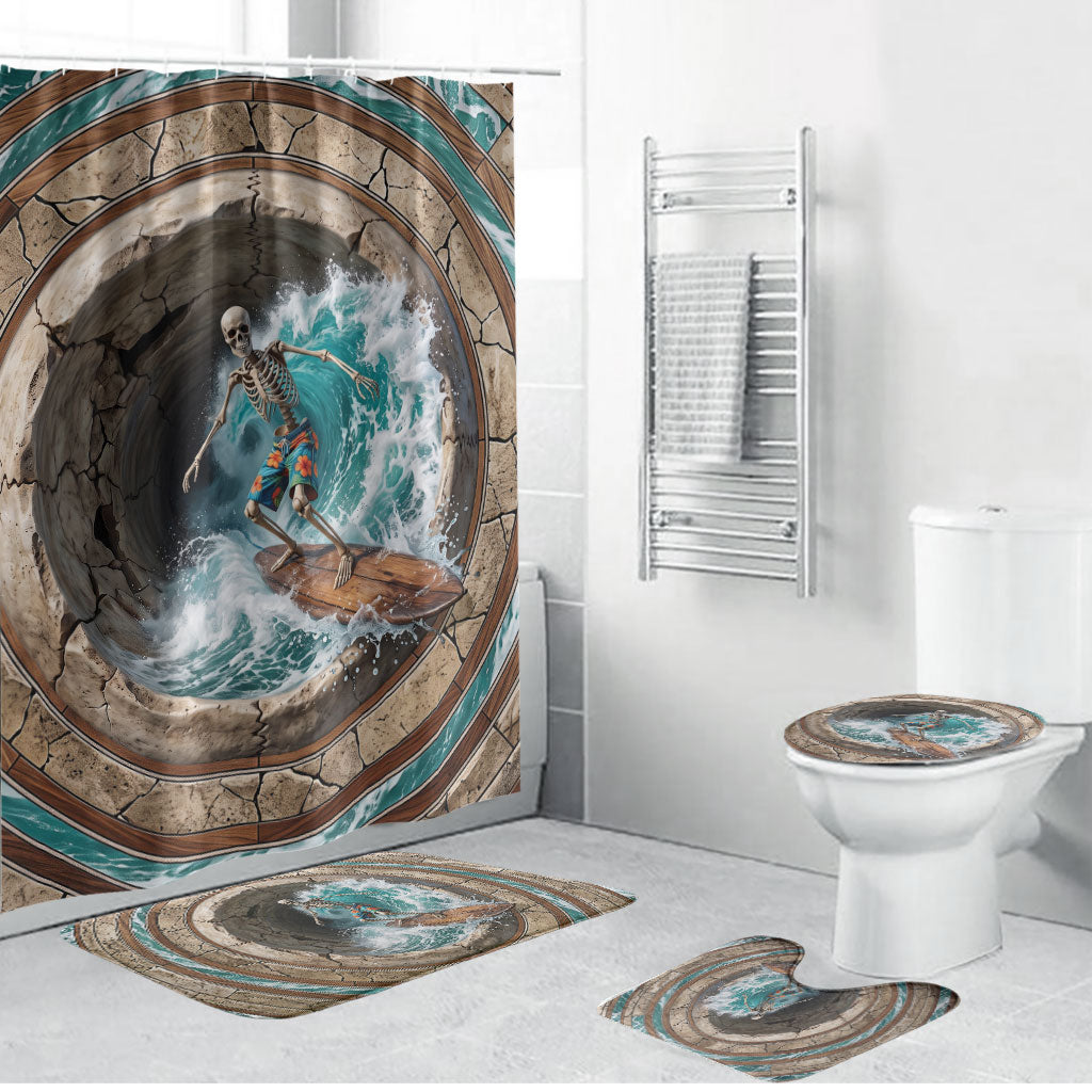 3D Illusion Surfing Skeleton Halloween Bathroom Set Surfboard Bones Ocean Wave Stone Well DT05 Bathroom Set (4 pcs) Gray - Polynesian Pride