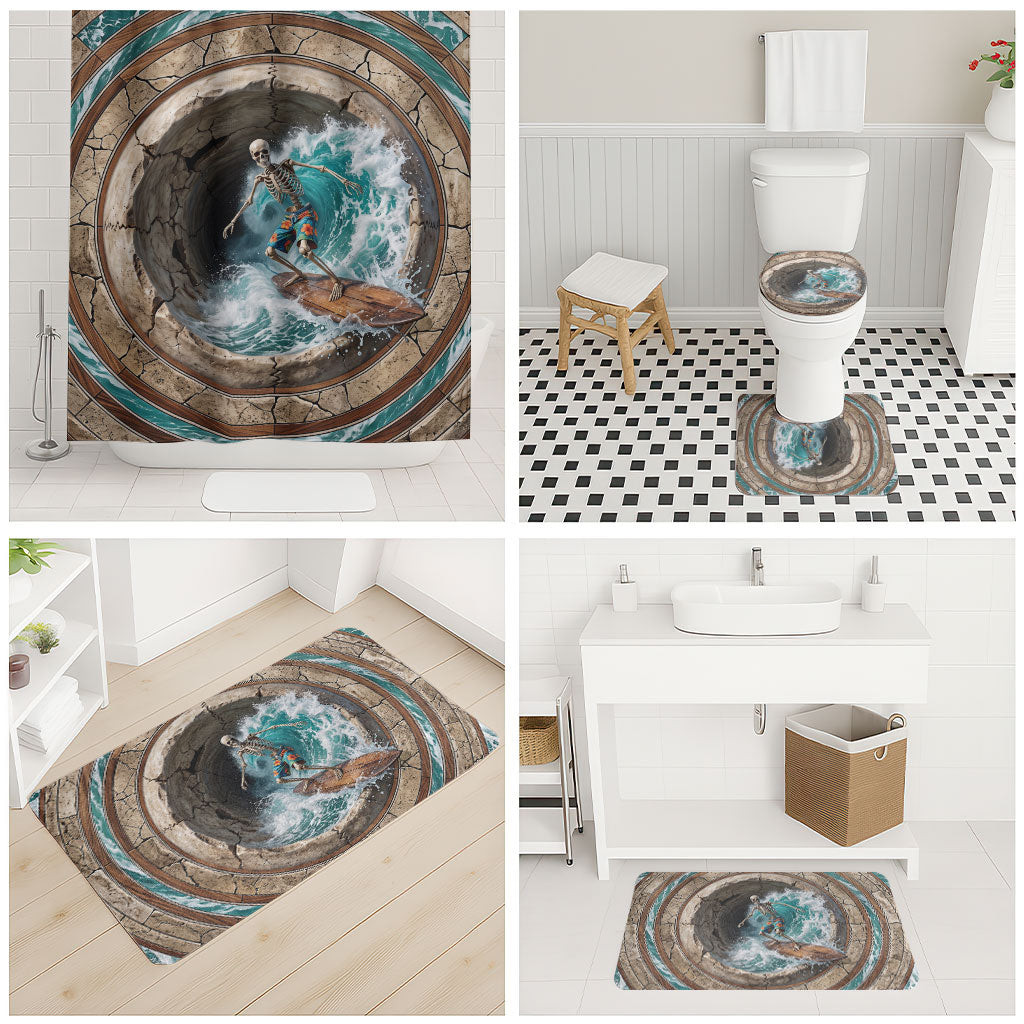 3D Illusion Surfing Skeleton Halloween Bathroom Set Surfboard Bones Ocean Wave Stone Well DT05 - Polynesian Pride