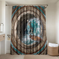 3D Illusion Surfing Skeleton Halloween Bathroom Set Surfboard Bones Ocean Wave Stone Well DT05 Shower Curtain Only Gray - Polynesian Pride