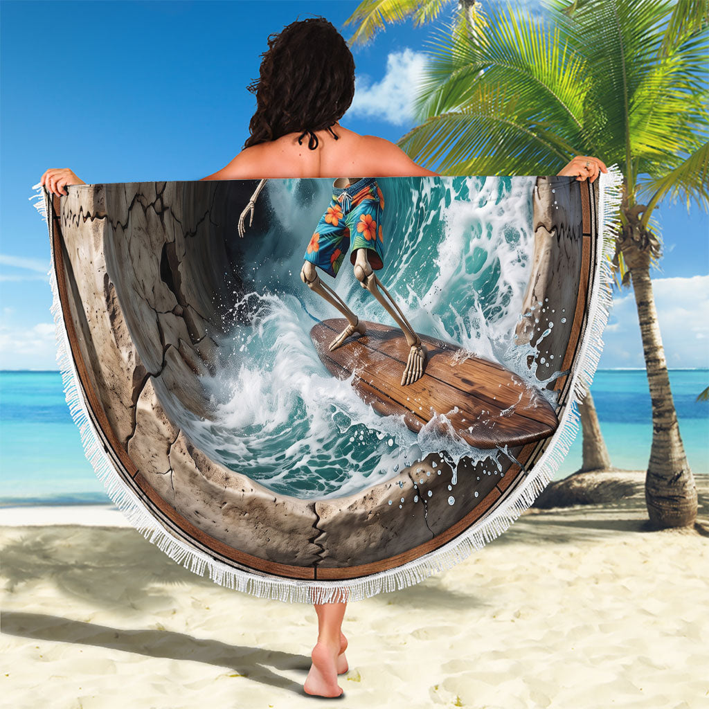 3D Illusion Surfing Skeleton Halloween Beach Blanket Surfboard Bones Ocean Wave Stone Well DT05 - Polynesian Pride