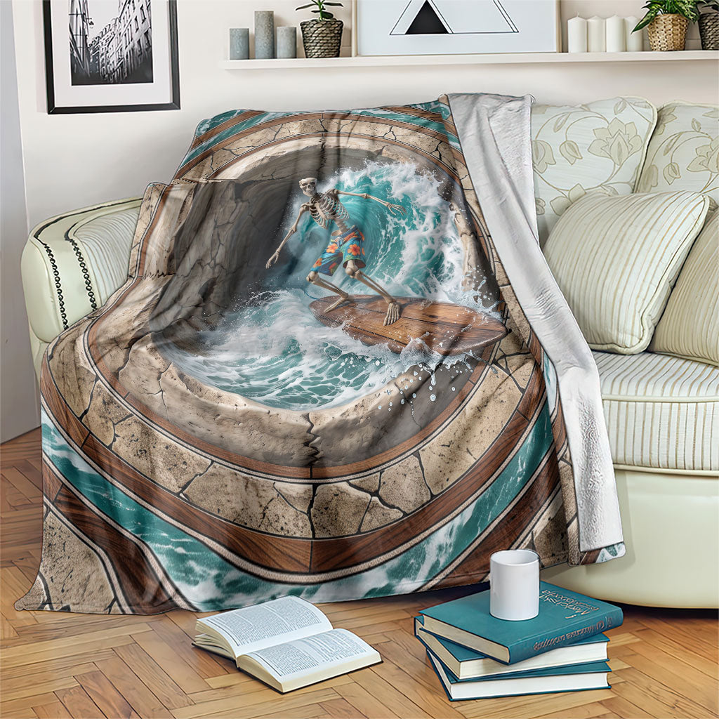 3D Illusion Surfing Skeleton Halloween Blanket Surfboard Bones Ocean Wave Stone Well DT05 Gray - Polynesian Pride