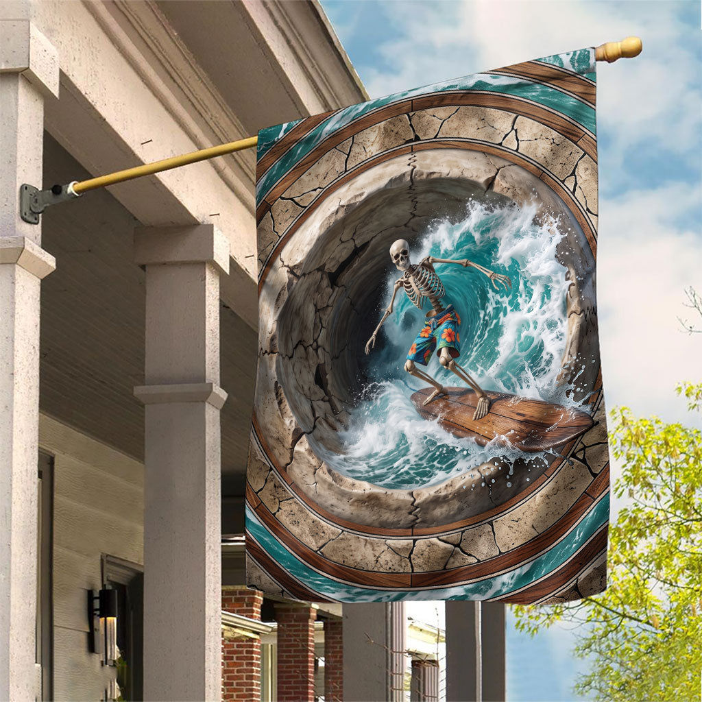 3D Illusion Surfing Skeleton Halloween Garden Flag Surfboard Bones Ocean Wave Stone Well DT05 House Flag Gray - Polynesian Pride