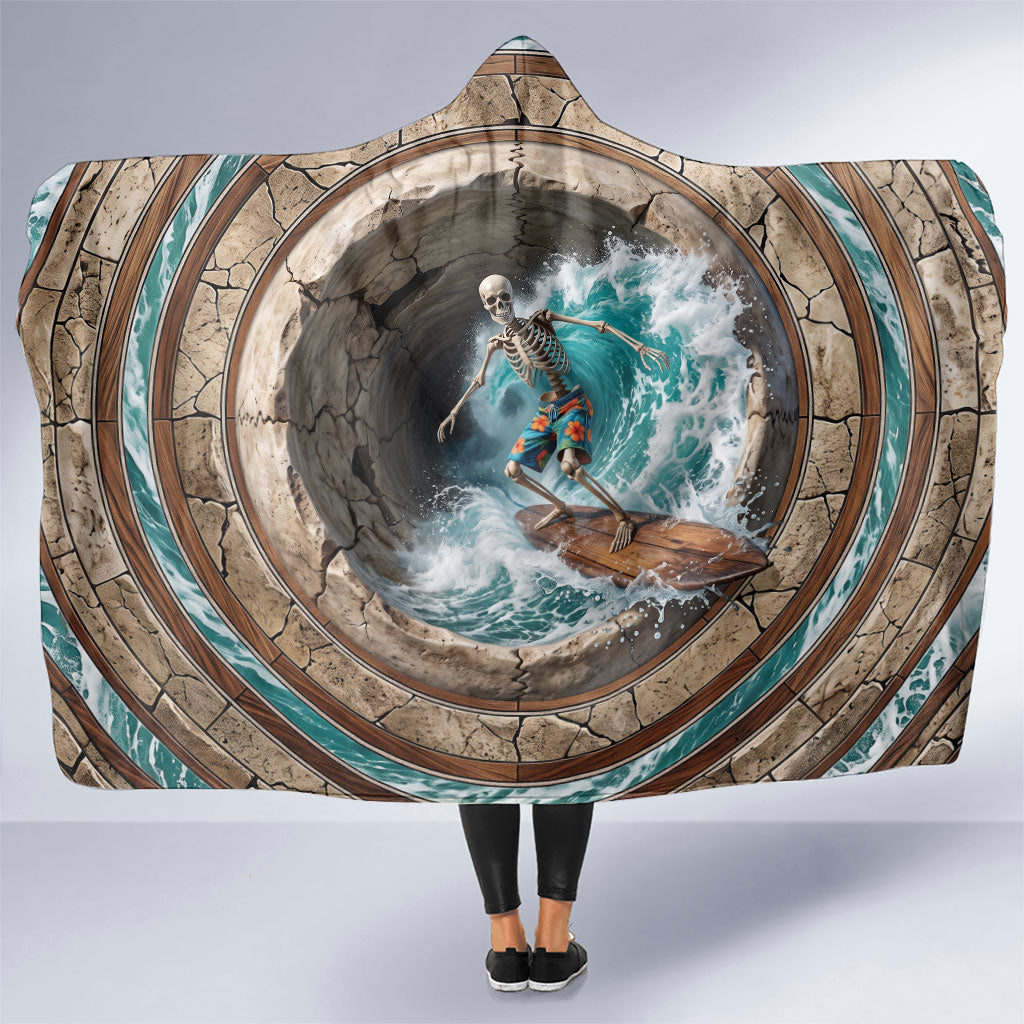 3D Illusion Surfing Skeleton Halloween Hooded Blanket Surfboard Bones Ocean Wave Stone Well DT05 One Size Gray - Polynesian Pride
