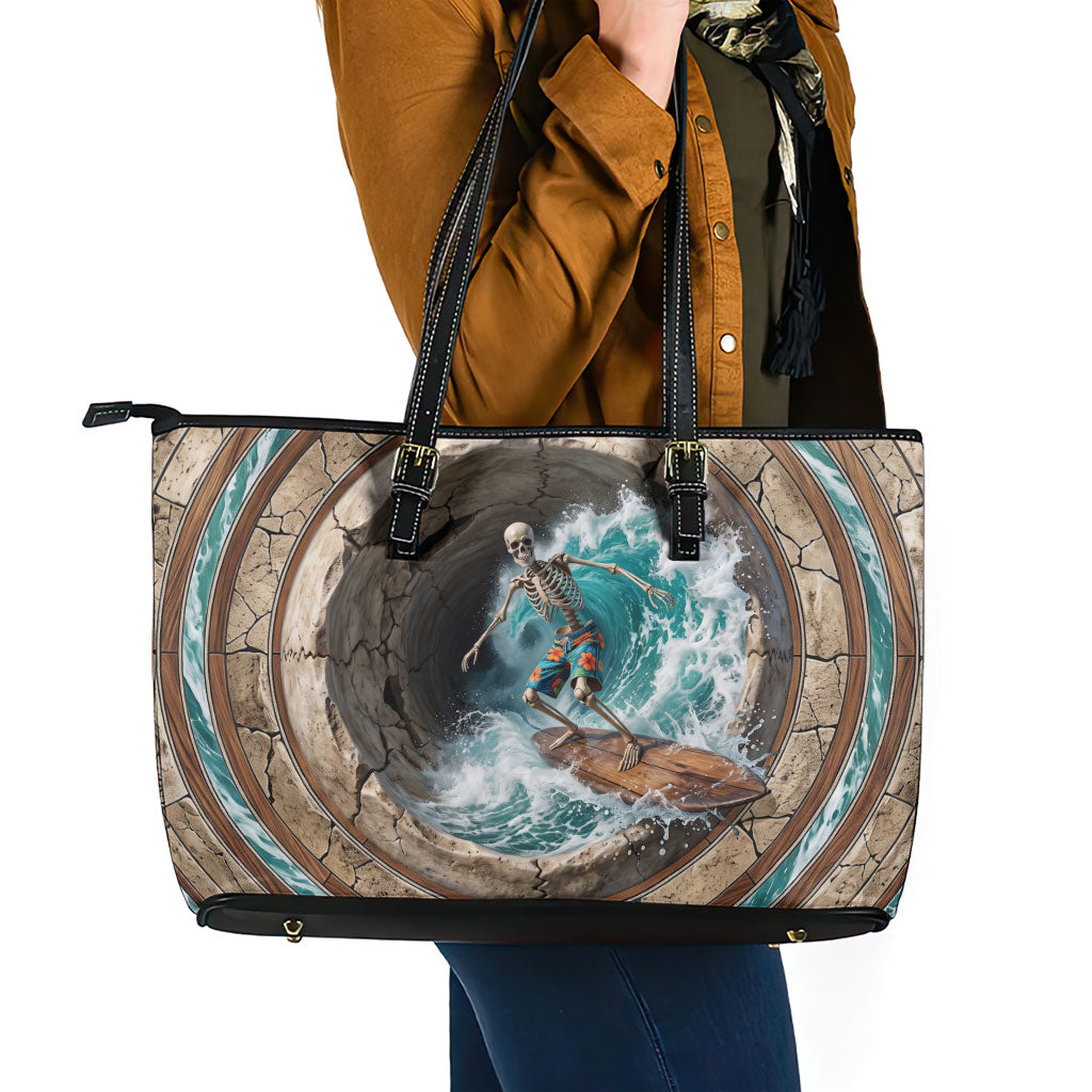 3D Illusion Surfing Skeleton Halloween Leather Tote Bag Surfboard Bones Ocean Wave Stone Well DT05 - Polynesian Pride