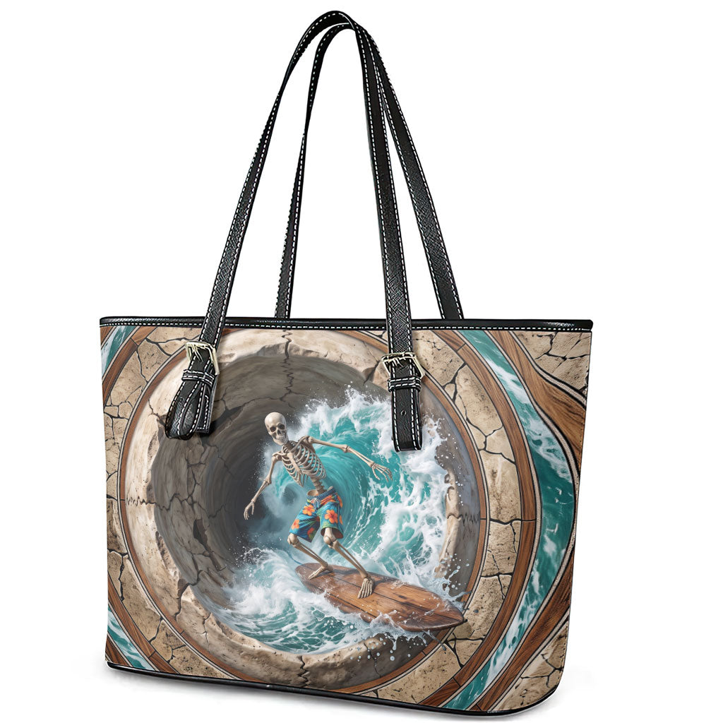 3D Illusion Surfing Skeleton Halloween Leather Tote Bag Surfboard Bones Ocean Wave Stone Well DT05 - Polynesian Pride