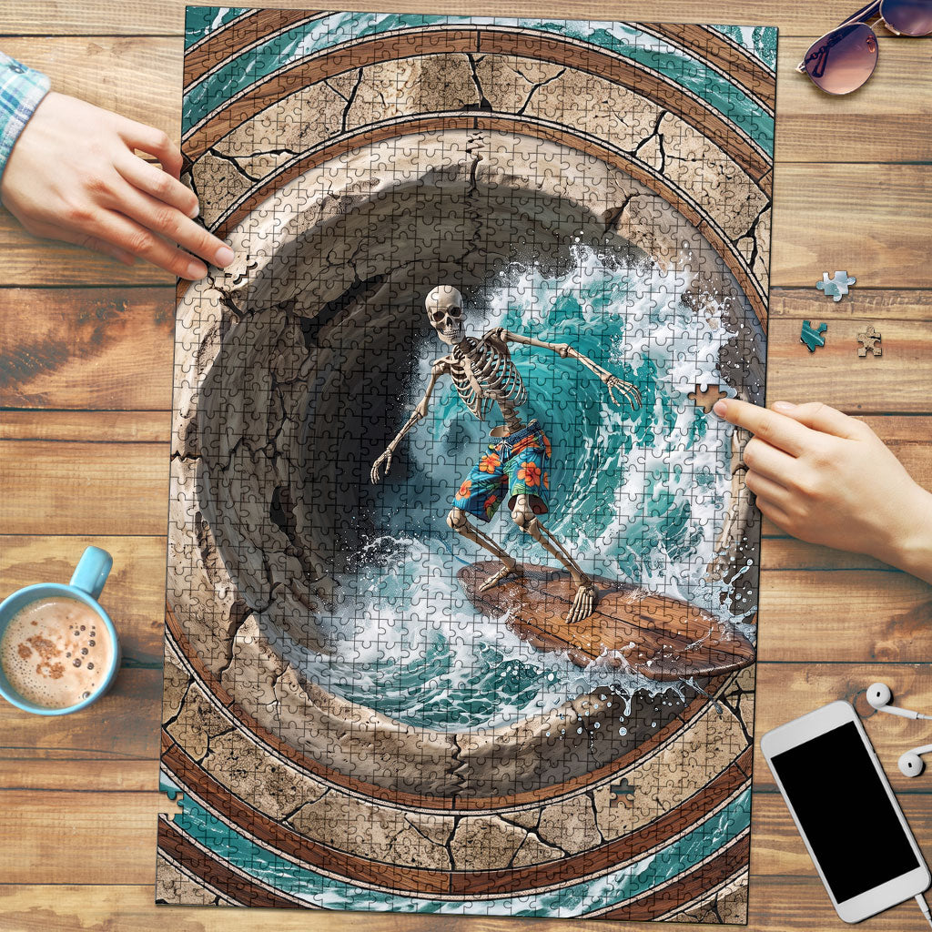 3D Illusion Surfing Skeleton Halloween Puzzle Surfboard Bones Ocean Wave Stone Well DT05 Gray - Polynesian Pride