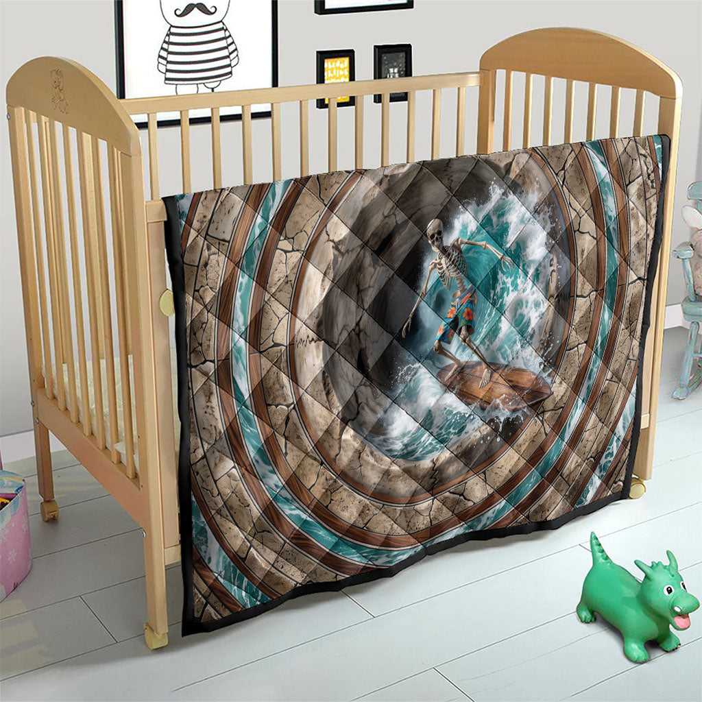 3D Illusion Surfing Skeleton Halloween Quilt Surfboard Bones Ocean Wave Stone Well