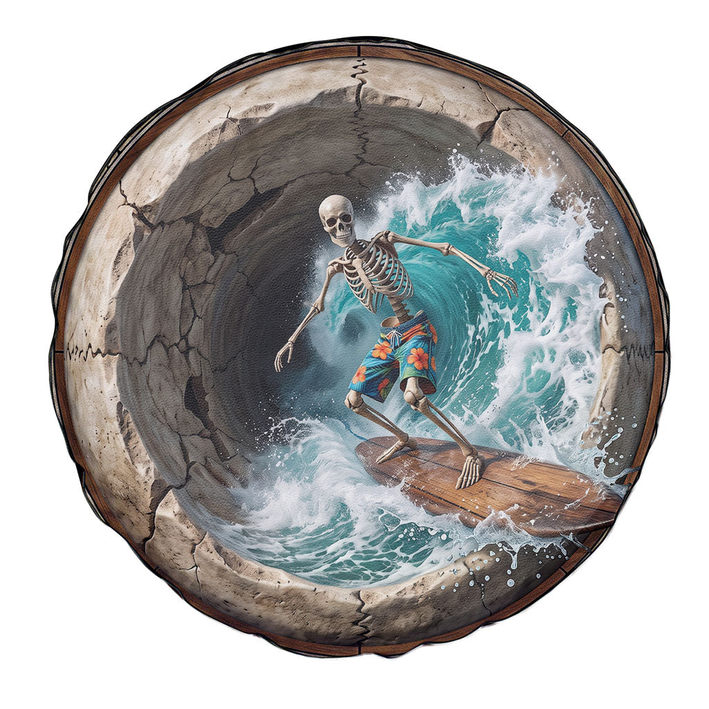 3D Illusion Surfing Skeleton Halloween Spare Tire Cover Surfboard Bones Ocean Wave Stone Well DT05 - Polynesian Pride