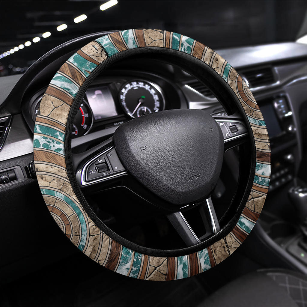 3D Illusion Surfing Skeleton Halloween Steering Wheel Cover Surfboard Bones Ocean Wave Stone Well DT05 Universal Fit Gray - Polynesian Pride