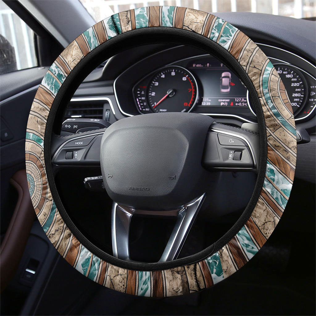 3D Illusion Surfing Skeleton Halloween Steering Wheel Cover Surfboard Bones Ocean Wave Stone Well DT05 - Polynesian Pride