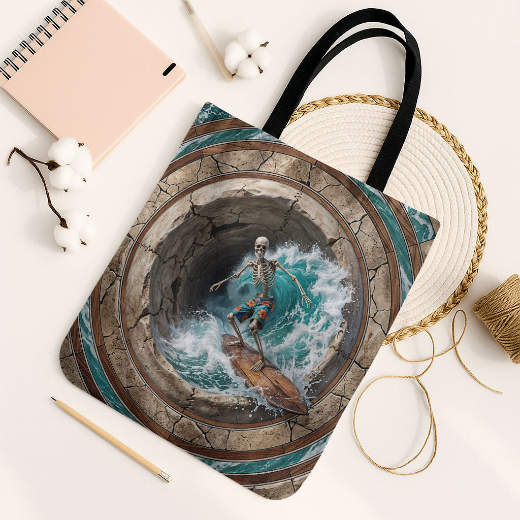 3D Illusion Surfing Skeleton Halloween Tote Bag Surfboard Bones Ocean Wave Stone Well DT05 Black Strap One Size Gray - Polynesian Pride