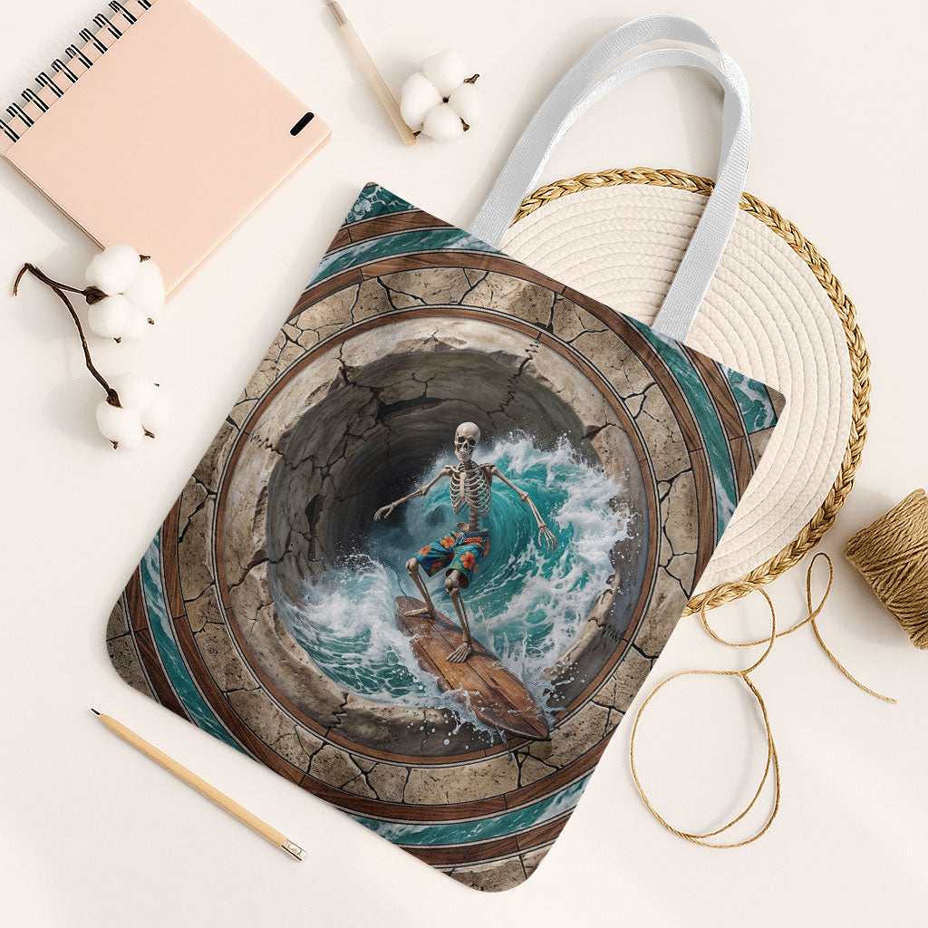 3D Illusion Surfing Skeleton Halloween Tote Bag Surfboard Bones Ocean Wave Stone Well DT05 White Strap One Size Gray - Polynesian Pride