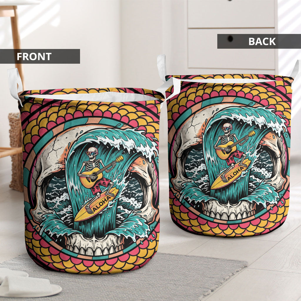 3D Illusion Surfing Skull Aloha Halloween Laundry Basket Tropical Guitarist Bones Wave DT05 - Polynesian Pride