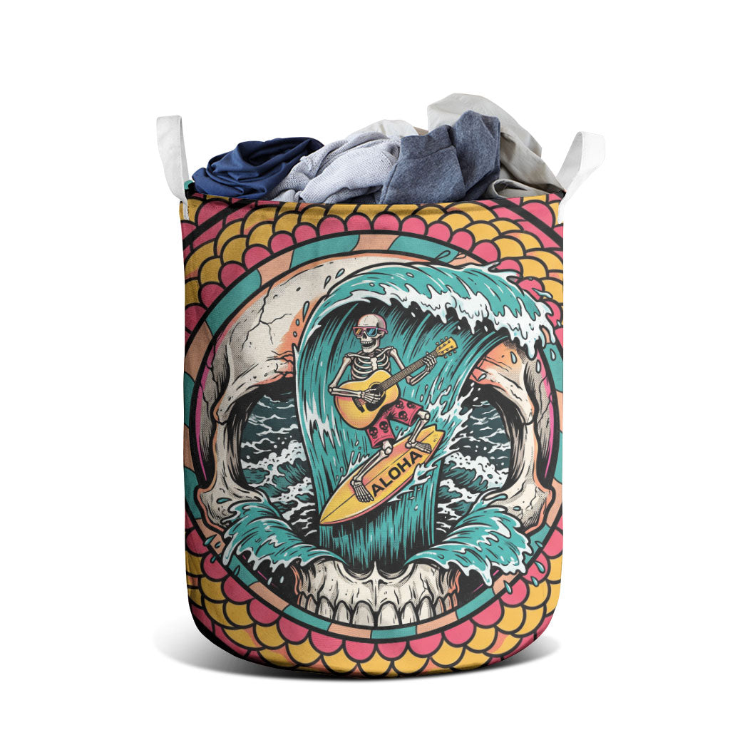 3D Illusion Surfing Skull Aloha Halloween Laundry Basket Tropical Guitarist Bones Wave DT05 - Polynesian Pride