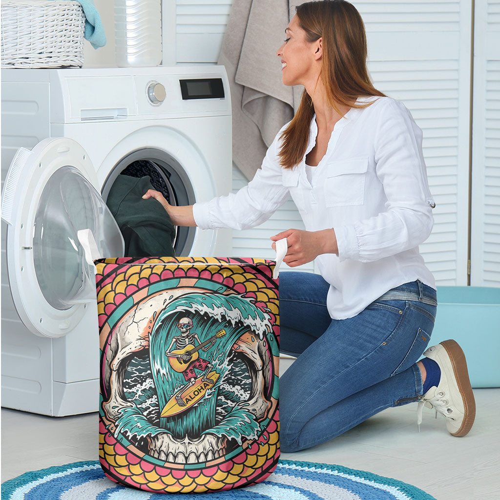 3D Illusion Surfing Skull Aloha Halloween Laundry Basket Tropical Guitarist Bones Wave DT05 - Polynesian Pride