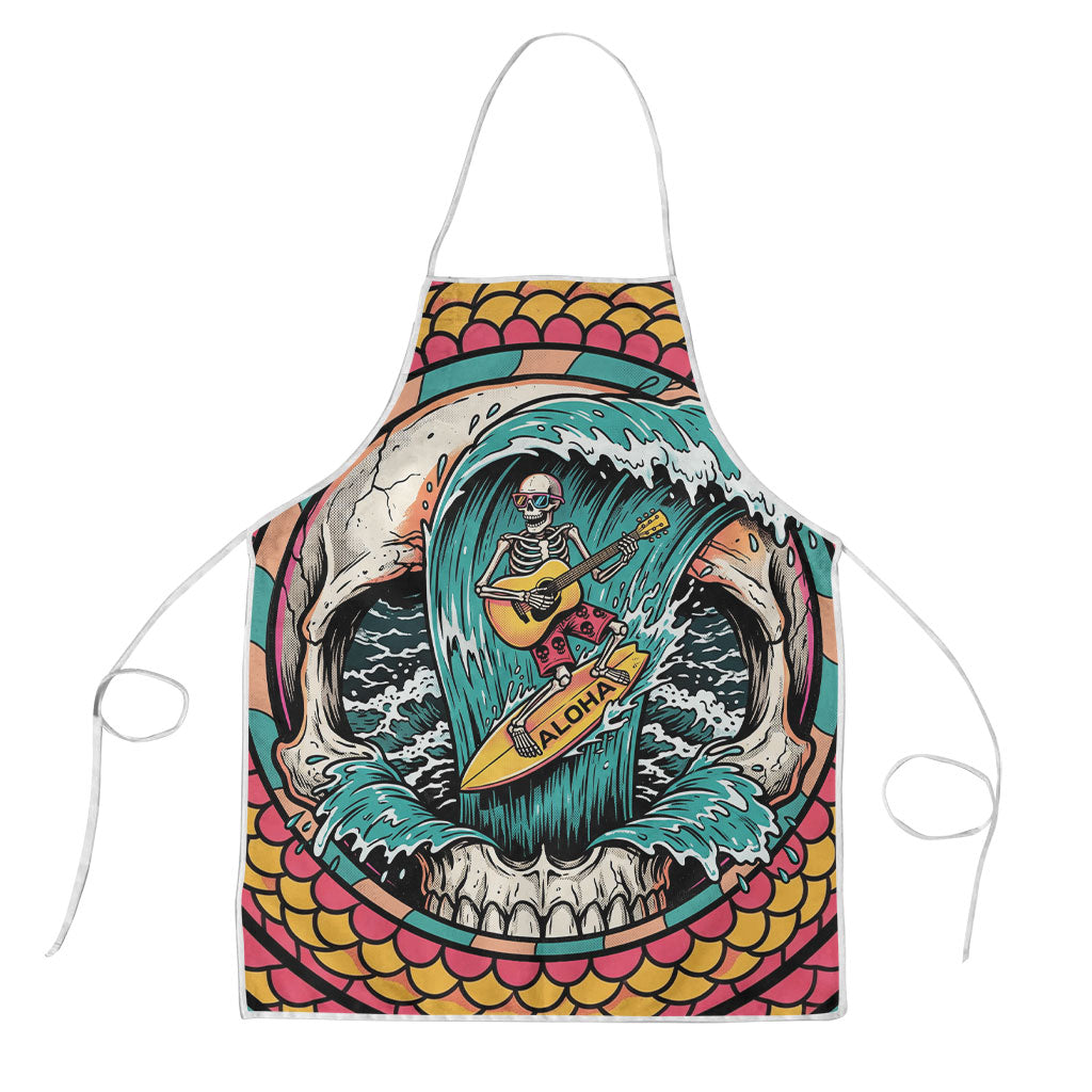 3D Illusion Surfing Skull Aloha Halloween Apron Tropical Guitarist Bones Wave