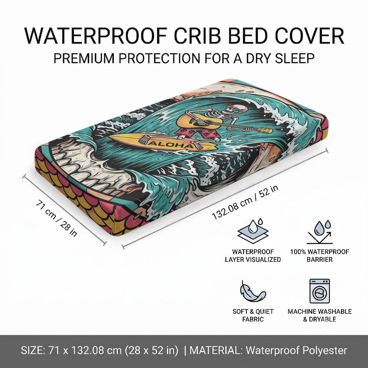 3D Illusion Surfing Skull Aloha Halloween Baby Bed Cover Tropical Guitarist Bones Wave DT05 - Polynesian Pride