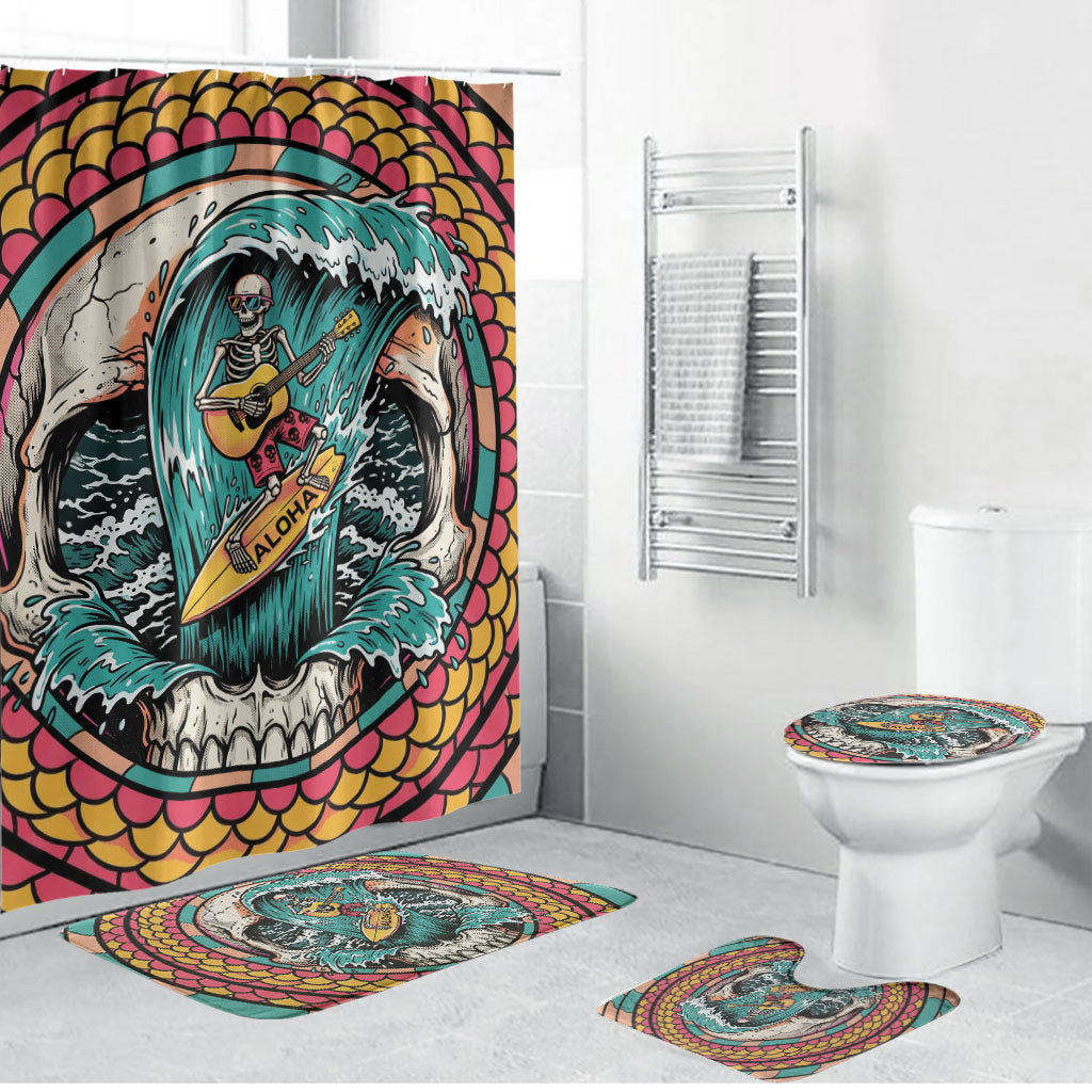 3D Illusion Surfing Skull Aloha Halloween Bathroom Set Tropical Guitarist Bones Wave DT05 Bathroom Set (4 pcs) Blue - Polynesian Pride
