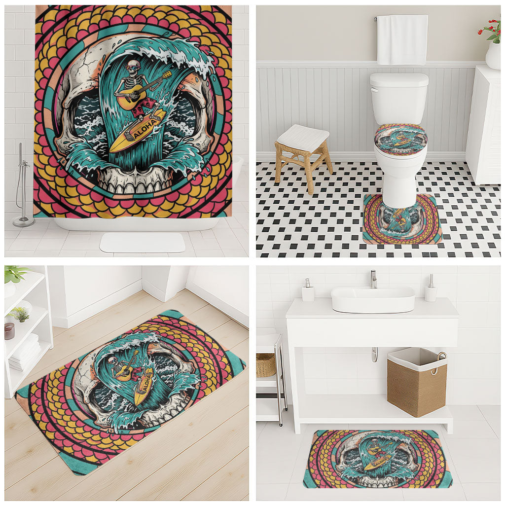 3D Illusion Surfing Skull Aloha Halloween Bathroom Set Tropical Guitarist Bones Wave DT05 - Polynesian Pride