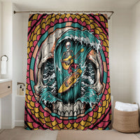 3D Illusion Surfing Skull Aloha Halloween Bathroom Set Tropical Guitarist Bones Wave DT05 Shower Curtain Only Blue - Polynesian Pride