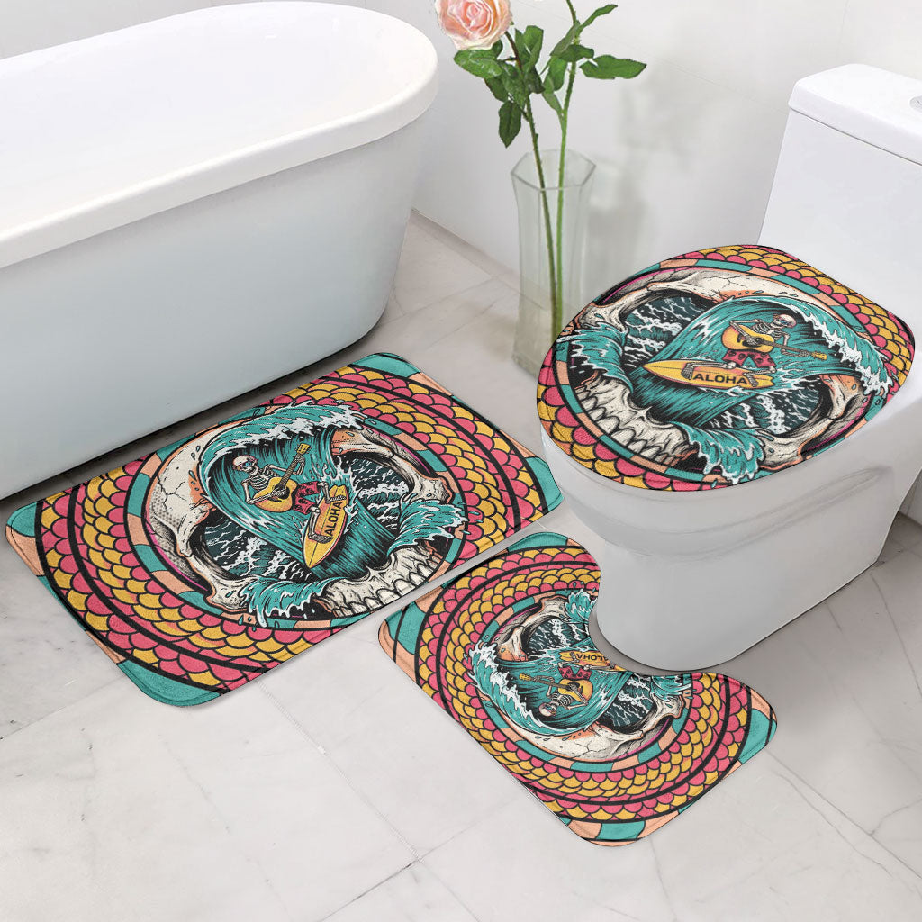 3D Illusion Surfing Skull Aloha Halloween Bathroom Set Tropical Guitarist Bones Wave DT05 - Polynesian Pride