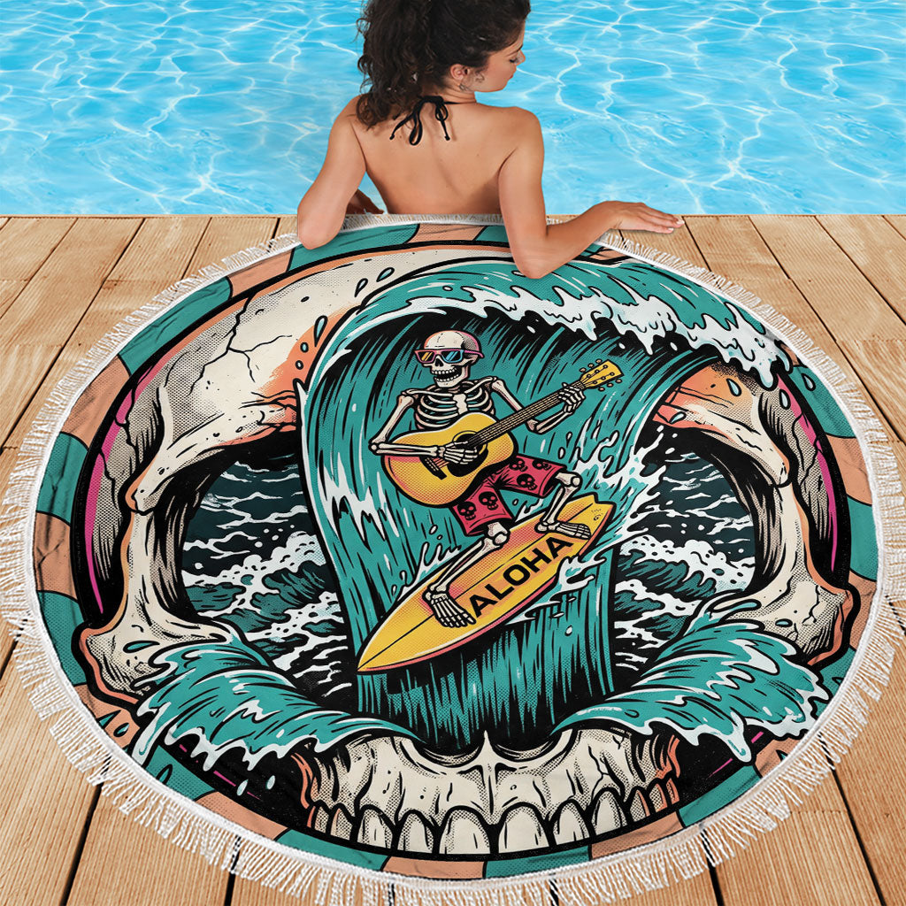 3D Illusion Surfing Skull Aloha Halloween Beach Blanket Tropical Guitarist Bones Wave DT05 - Polynesian Pride