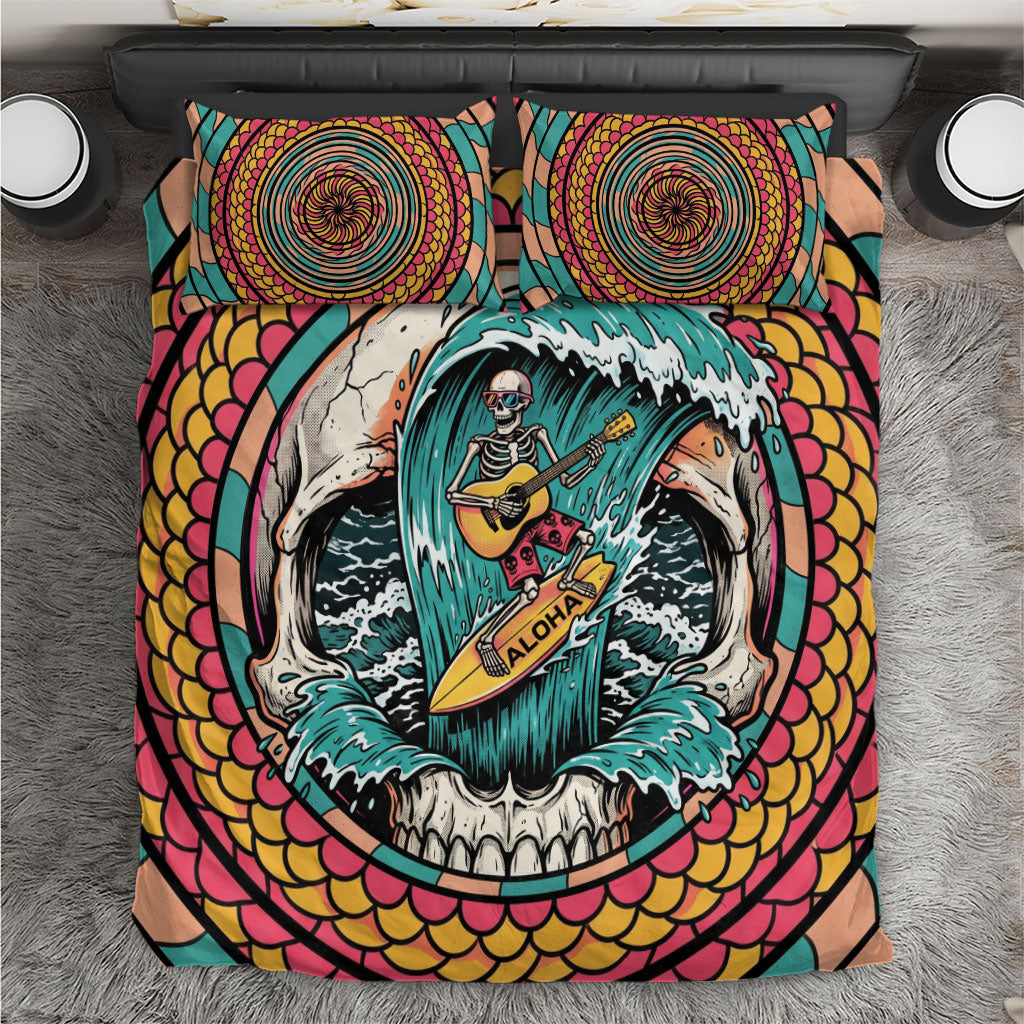 3D Illusion Surfing Skull Aloha Halloween Bedding Set Tropical Guitarist Bones Wave