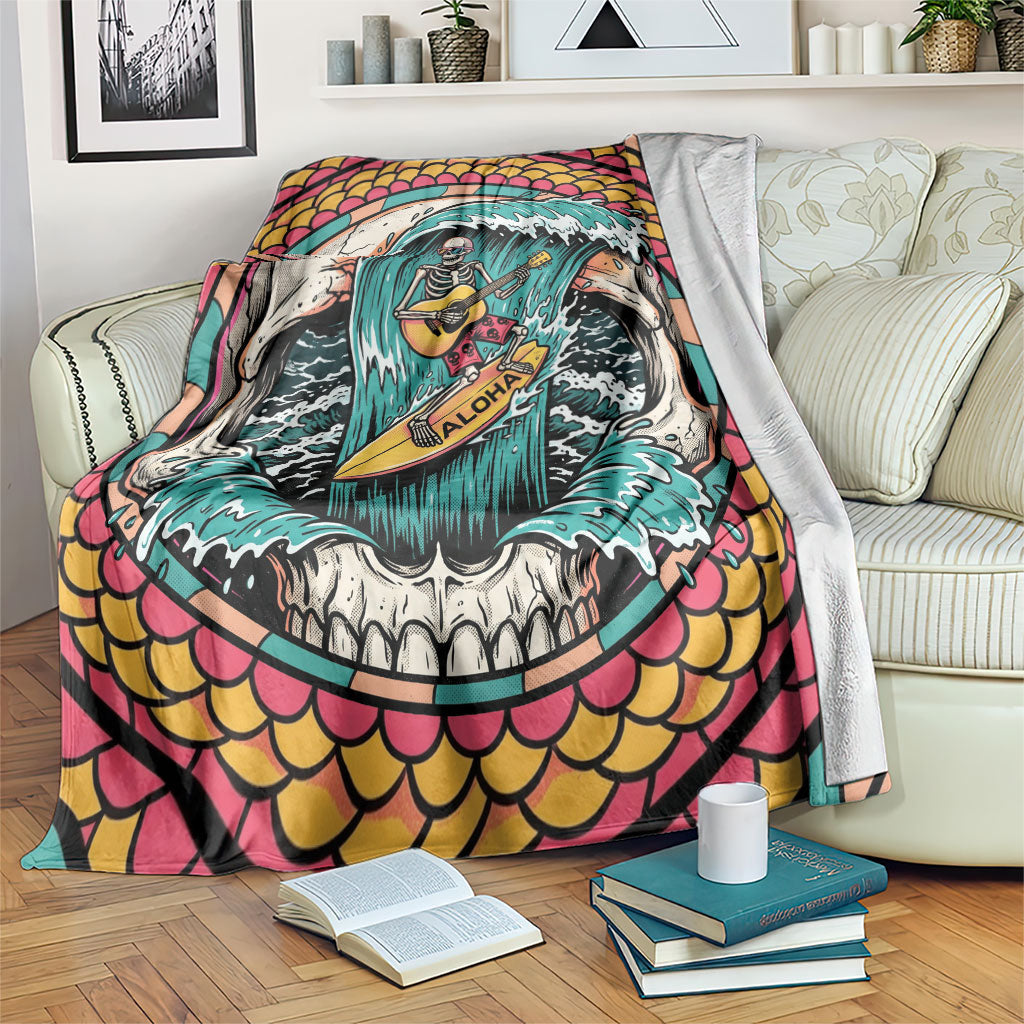 3D Illusion Surfing Skull Aloha Halloween Blanket Tropical Guitarist Bones Wave DT05 Blue - Polynesian Pride