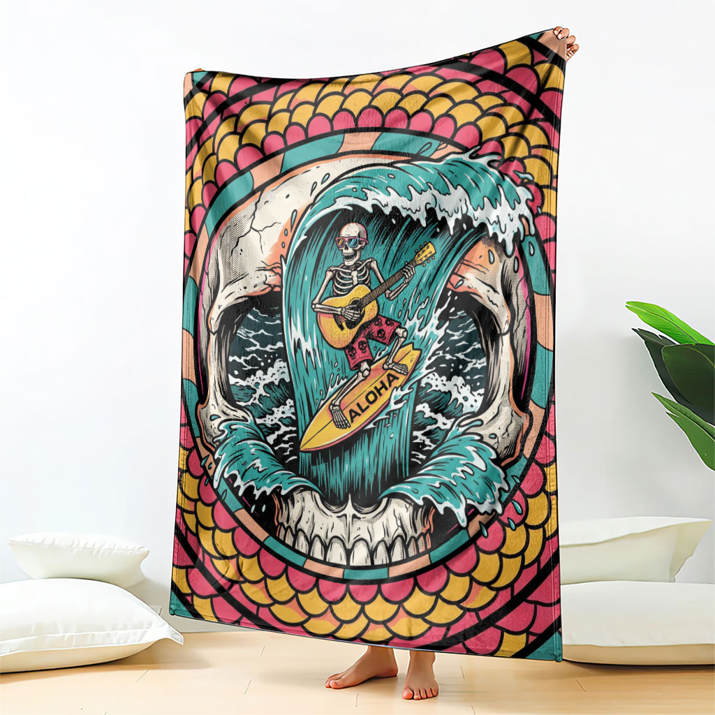 3D Illusion Surfing Skull Aloha Halloween Blanket Tropical Guitarist Bones Wave DT05 - Polynesian Pride