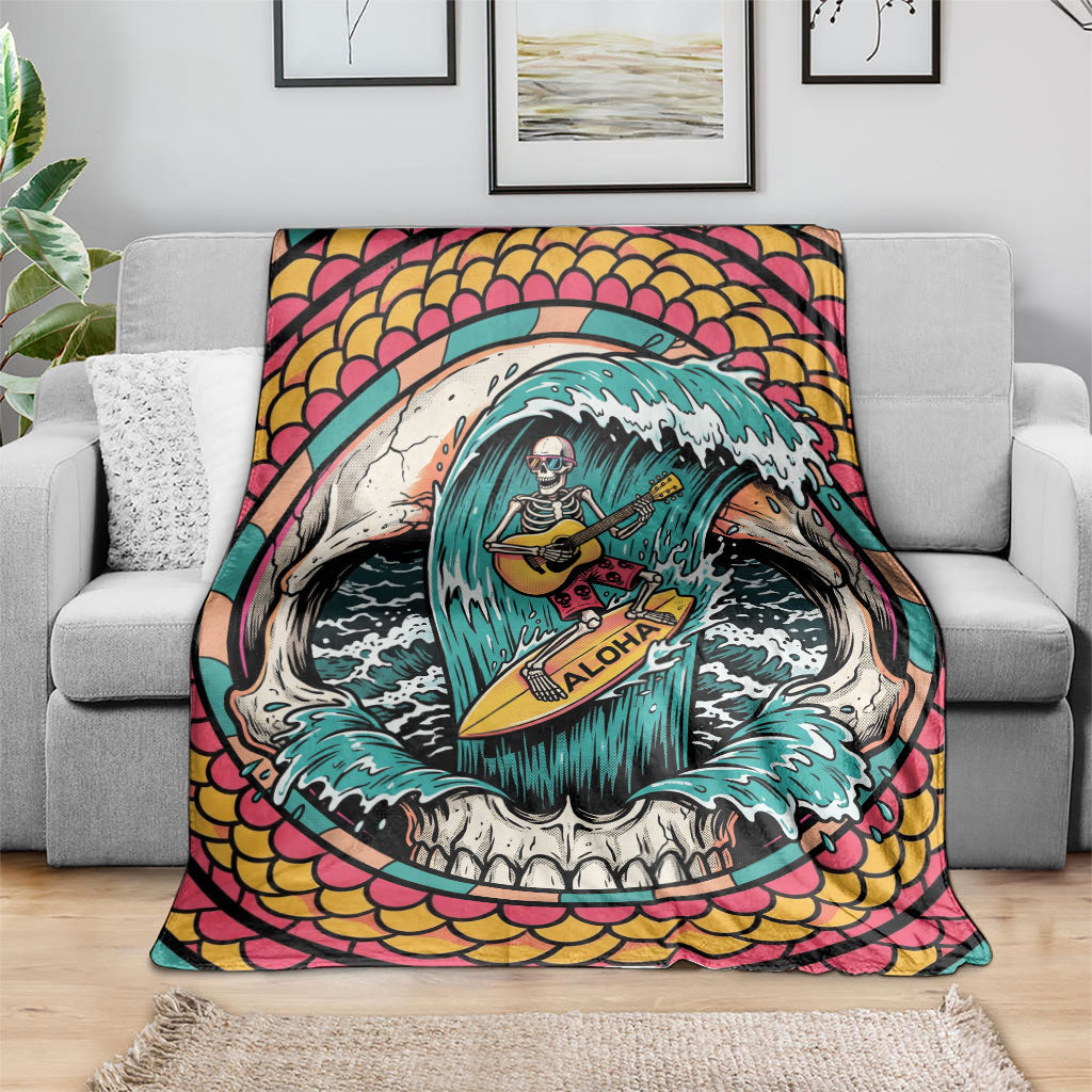 3D Illusion Surfing Skull Aloha Halloween Blanket Tropical Guitarist Bones Wave DT05 - Polynesian Pride