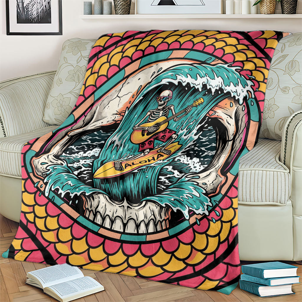 3D Illusion Surfing Skull Aloha Halloween Blanket Tropical Guitarist Bones Wave DT05 - Polynesian Pride
