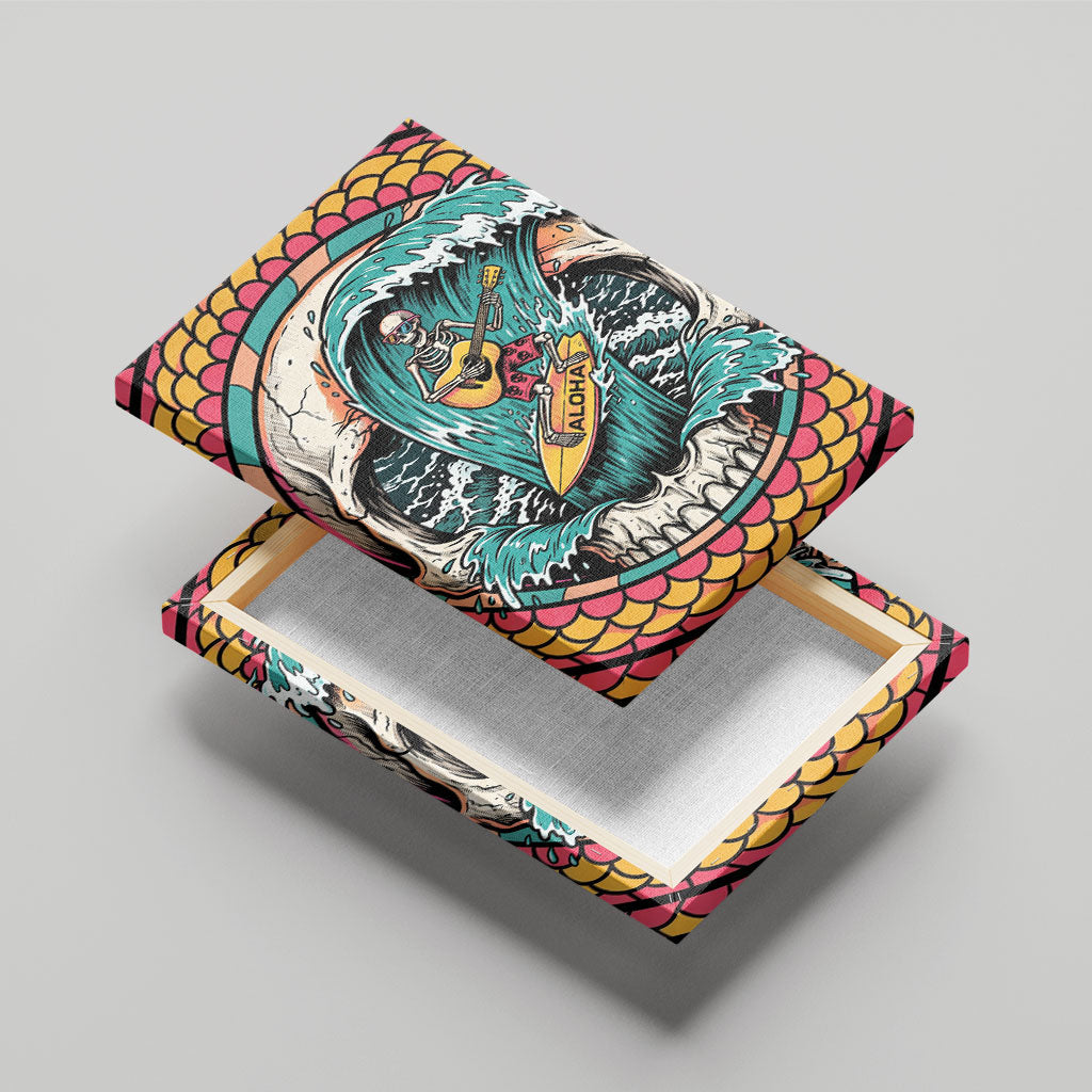 3D Illusion Surfing Skull Aloha Halloween Canvas Wall Art Tropical Guitarist Bones Wave DT05 - Polynesian Pride