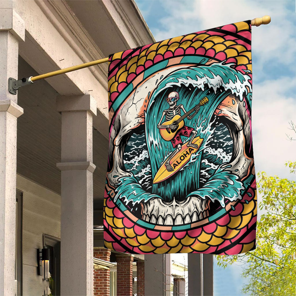 3D Illusion Surfing Skull Aloha Halloween Garden Flag Tropical Guitarist Bones Wave DT05 House Flag Blue - Polynesian Pride