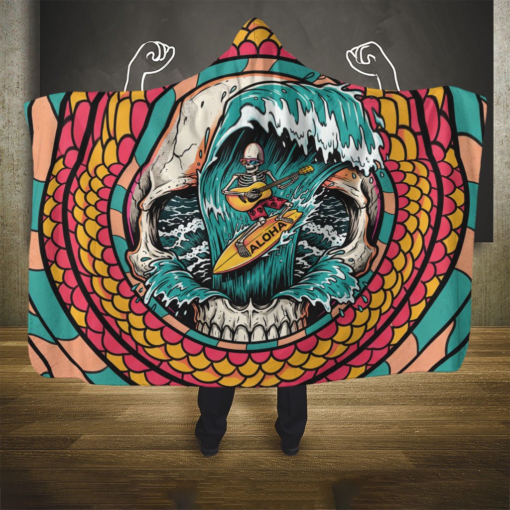 3D Illusion Surfing Skull Aloha Halloween Hooded Blanket Tropical Guitarist Bones Wave DT05 - Polynesian Pride