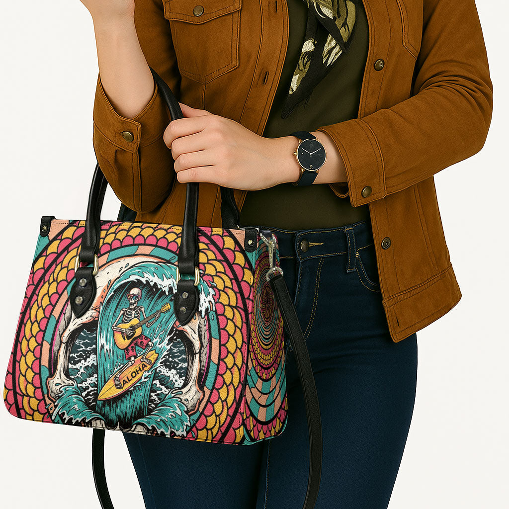 3D Illusion Surfing Skull Aloha Halloween Leather Bag Tropical Guitarist Bones Wave DT05 - Polynesian Pride