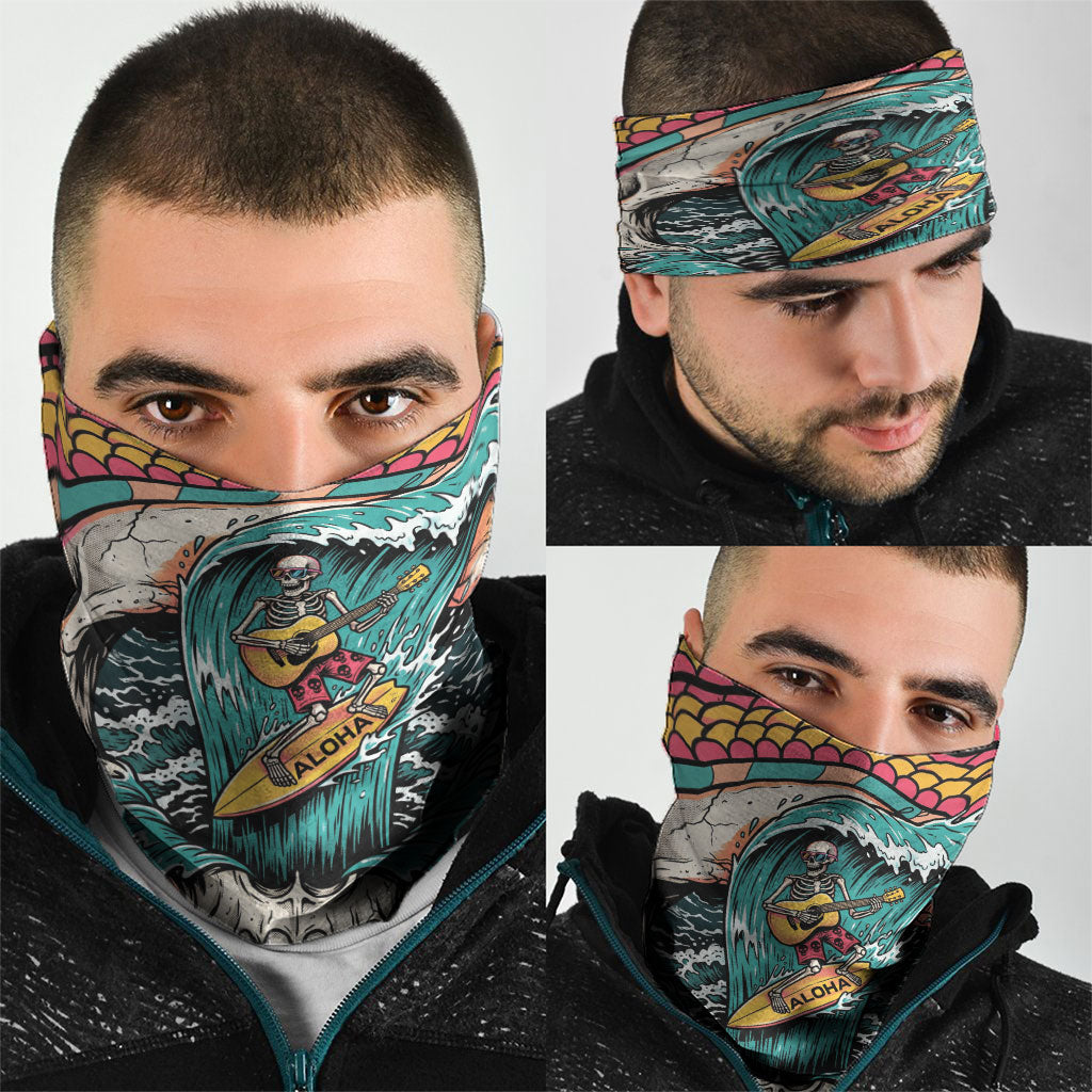 3D Illusion Surfing Skull Aloha Halloween Neck Gaiter Tropical Guitarist Bones Wave DT05 - Polynesian Pride